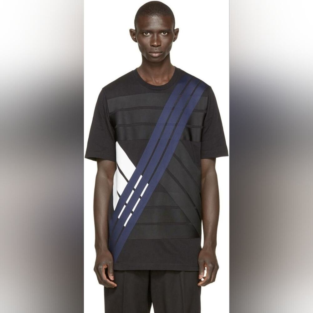 Y-3 Striped Textured Black Blue and White 100% cotton T shirt, size M